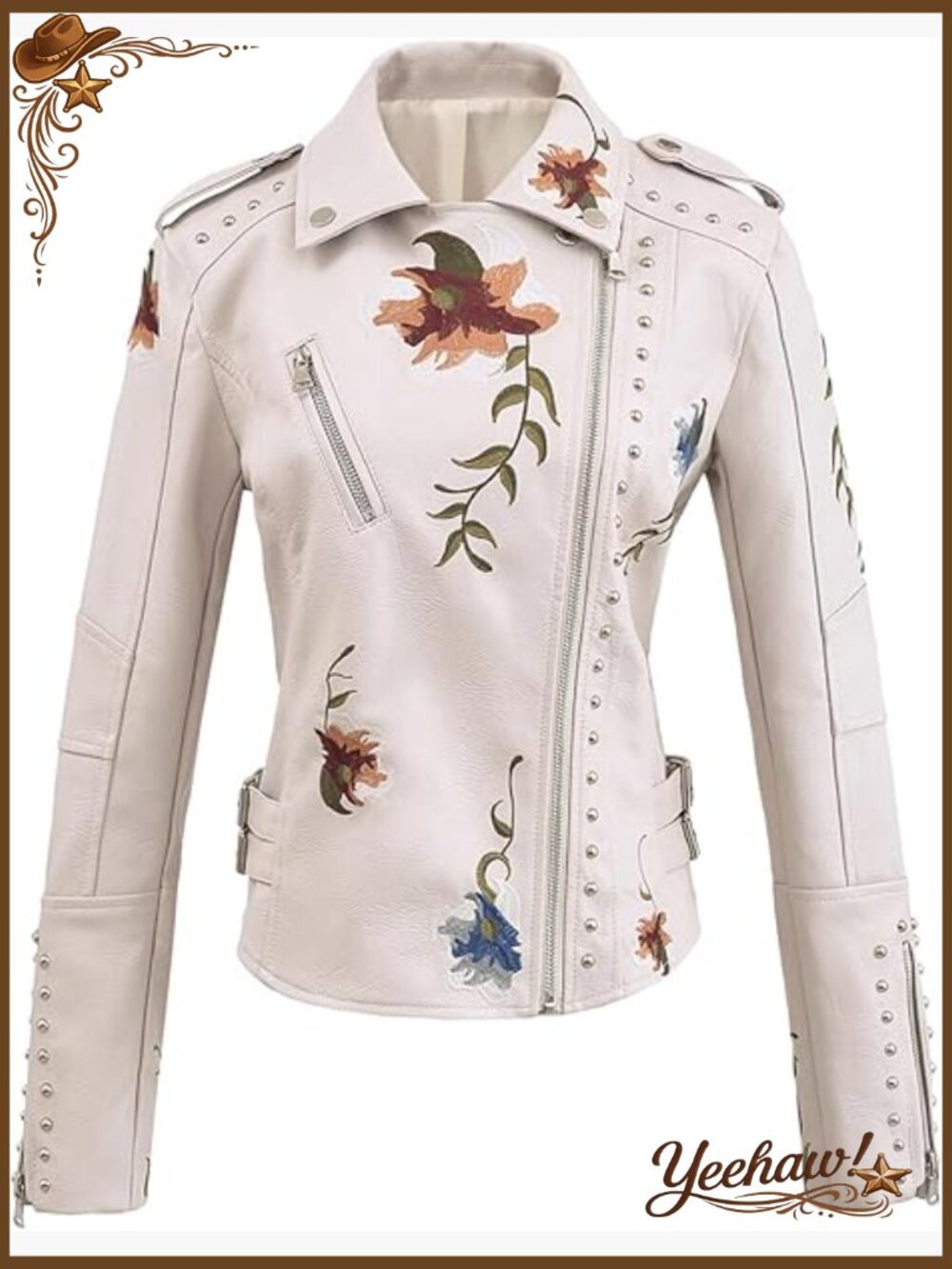 Embellished Faux Leather Moto Jacket Floral Embroidery Cropped - Picture 1 of 6